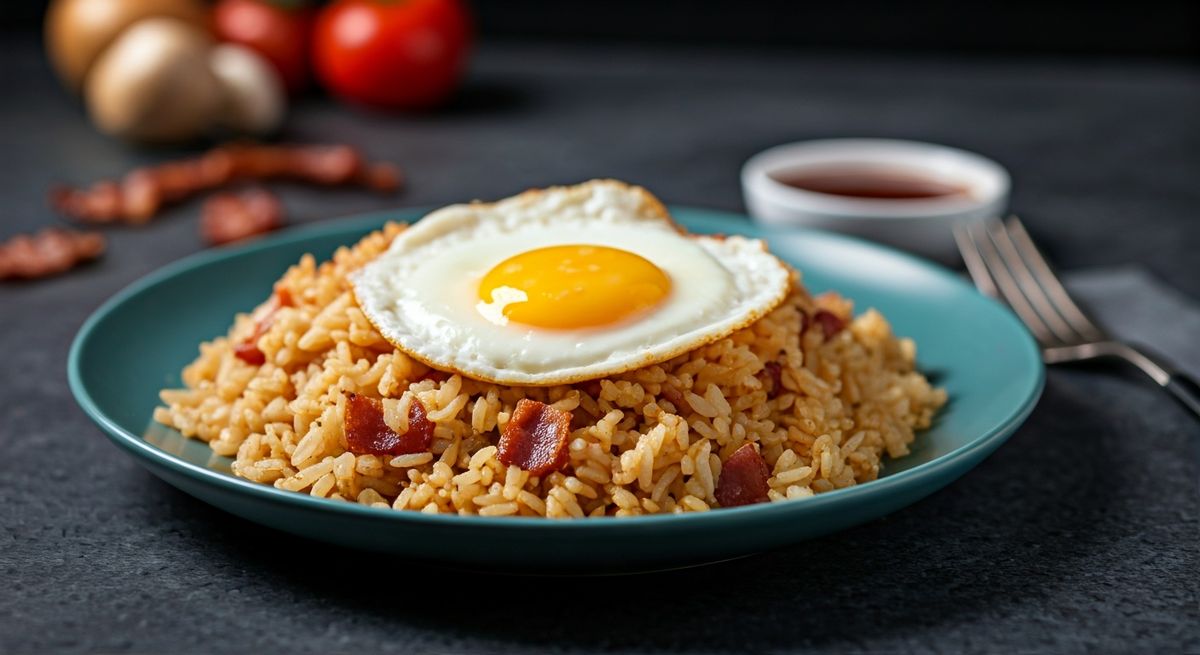 Breakfast Fried Rice with Egg and Bacon recipe - Asian Fusion easy difficulty dish