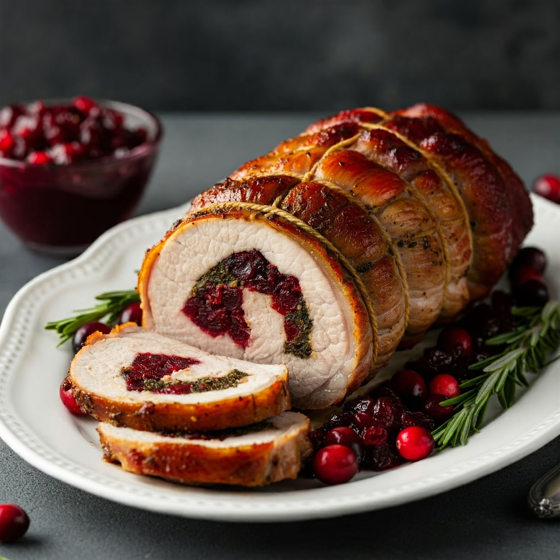 Cranberry-Rosemary Stuffed Pork Loin recipe - American easy difficulty in Main Dishes, Pork, Roasts category