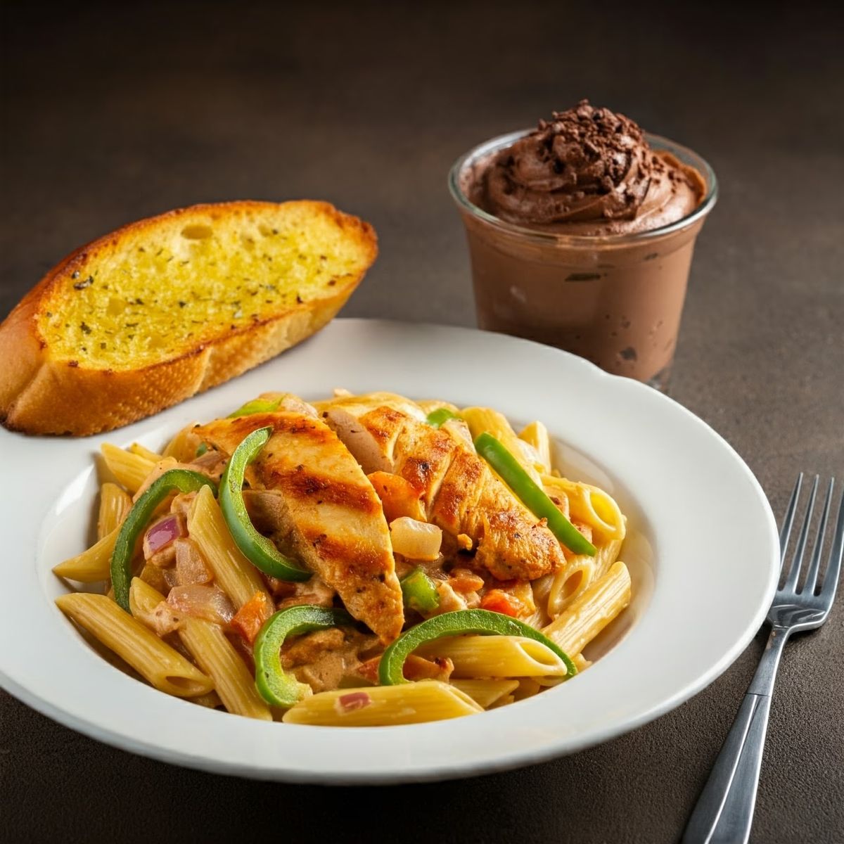 Cajun Chicken Pasta with Garlic Bread and Chocolate Mousse recipe - Other medium difficulty dish