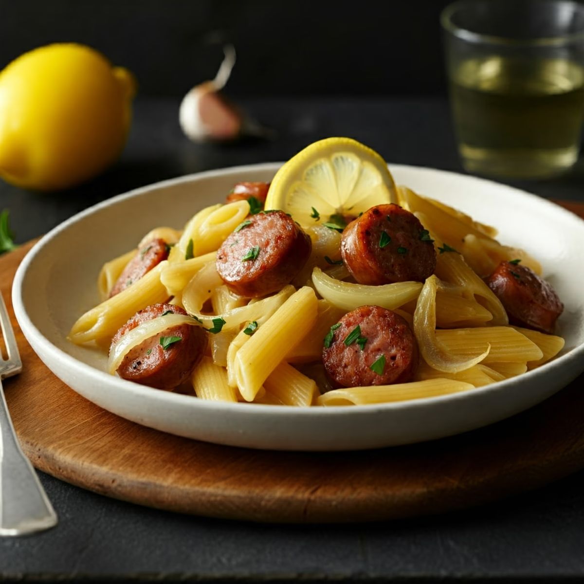 Italian Sausage and Onion Pasta with Lemon Garlic Sauce recipe - Italian medium difficulty dish