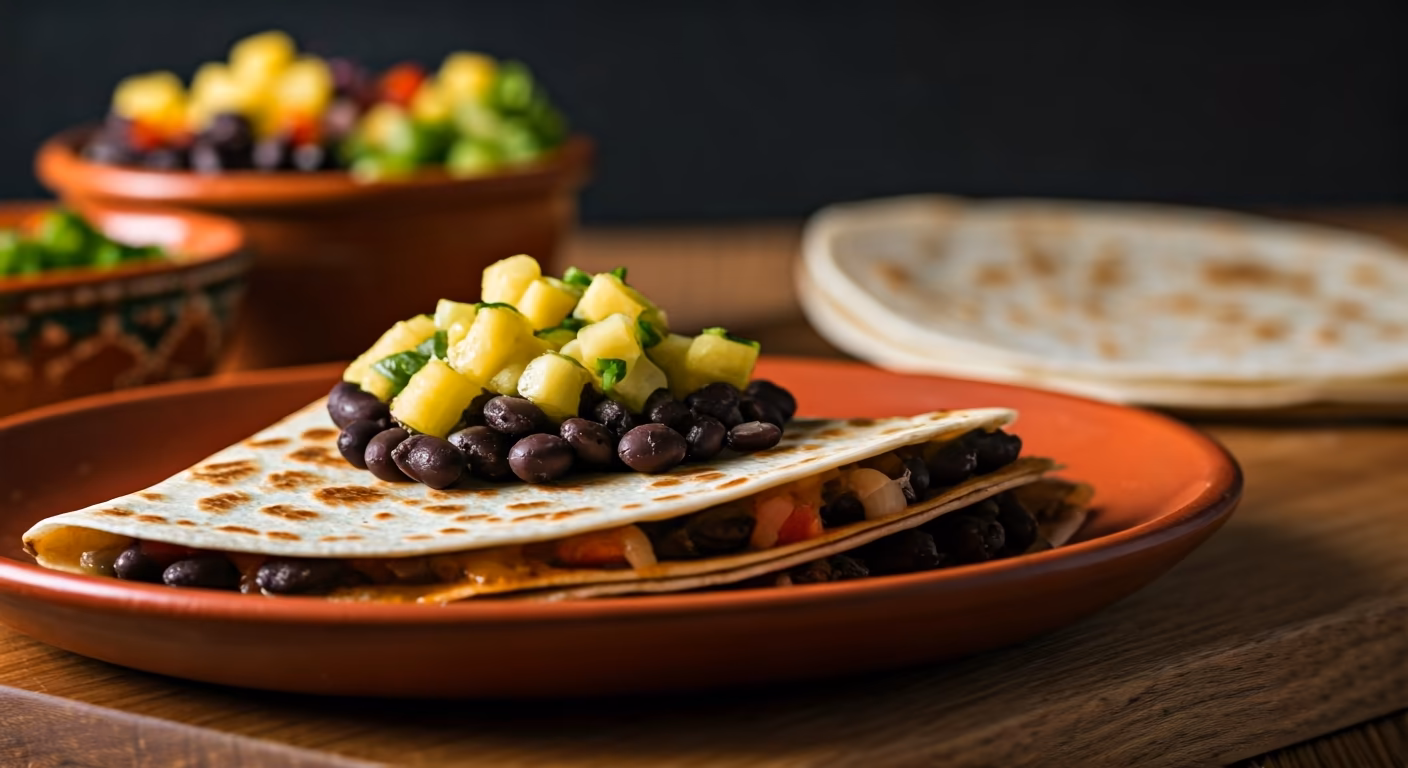 Spicy Black Bean Quesadilla with Pineapple Salsa recipe - Mexican medium difficulty in Street Food, Tacos & Wraps category