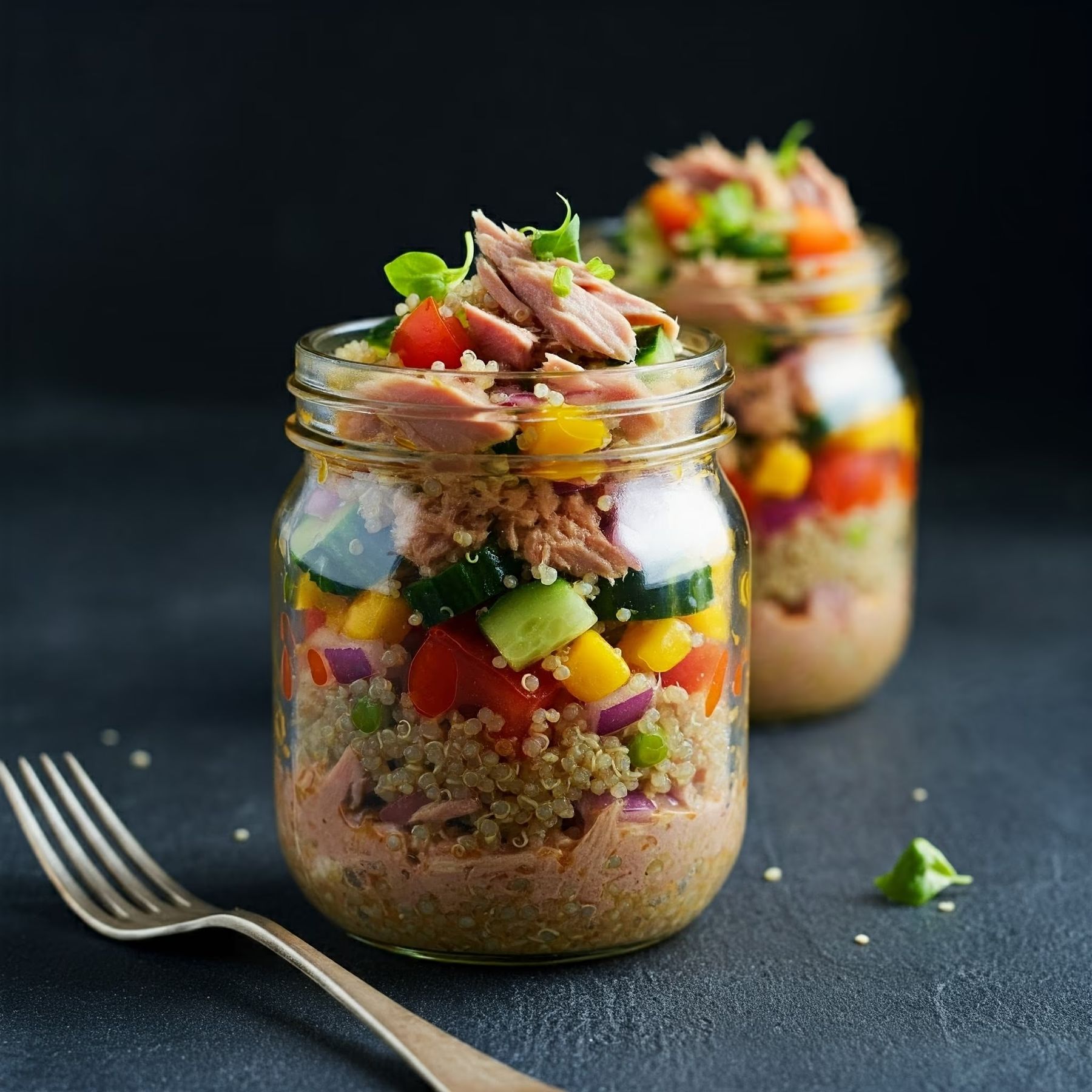 Tuna Quinoa Salad Jars recipe - delicious easy difficulty in Salads, Meal Prep, Healthy Meals category