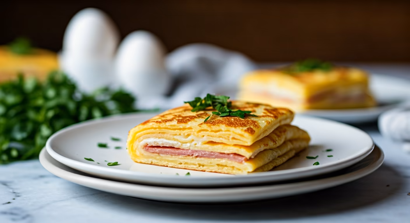 Ham and Egg Crepe Squares recipe - French easy difficulty in Breakfast, Eggs category
