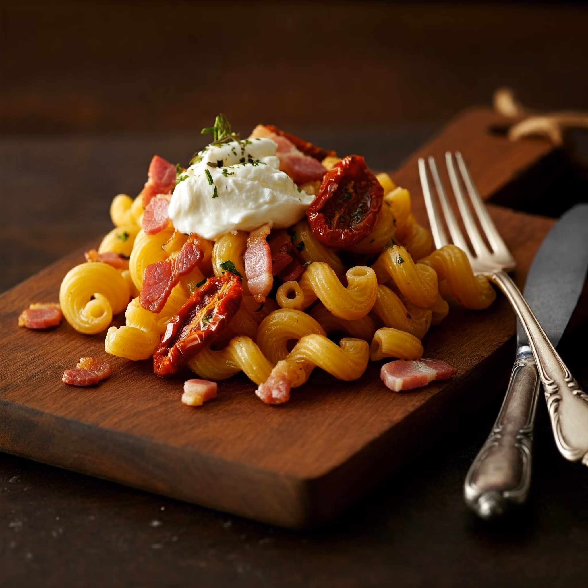 Pasta with Bacon, Sun-Dried Tomato, and Mascarpone recipe - delicious easy difficulty in Chicken, Pasta category