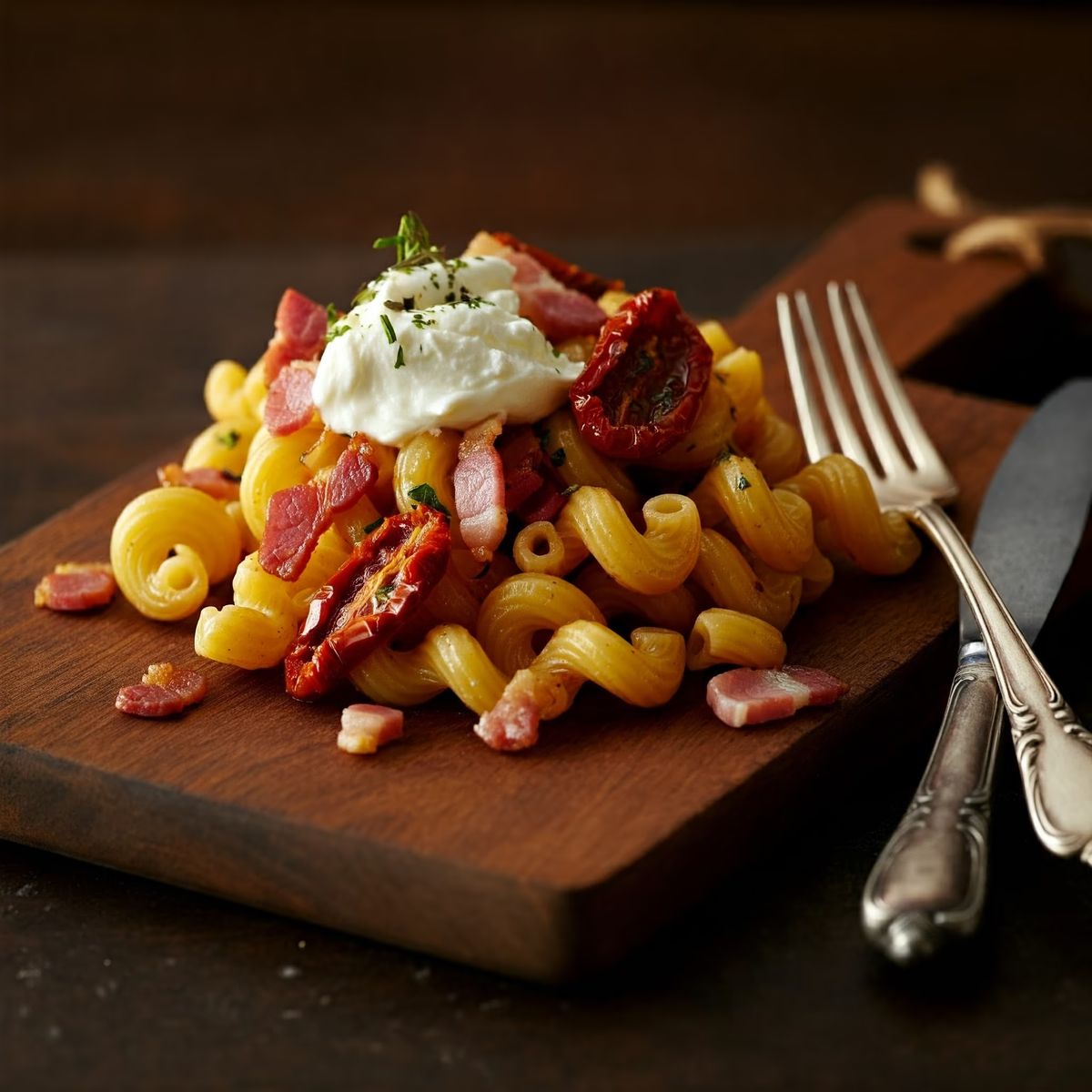 Pasta with Bacon, Sun-Dried Tomato, and Mascarpone recipe - Italian easy difficulty dish