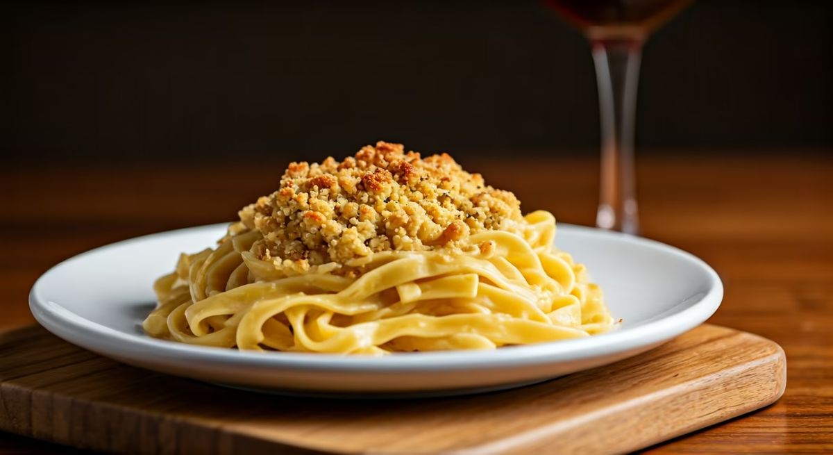 Cheesy Amish Pasta Crab Bake with Citrus Orange Focaccia Crumble recipe - American easy difficulty dish