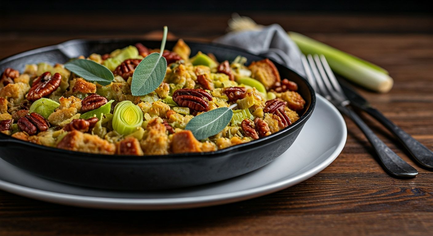 Bacon, Leek Stuffing with Sage and Pecans recipe - delicious easy difficulty in Holiday Recipes, Bacon category