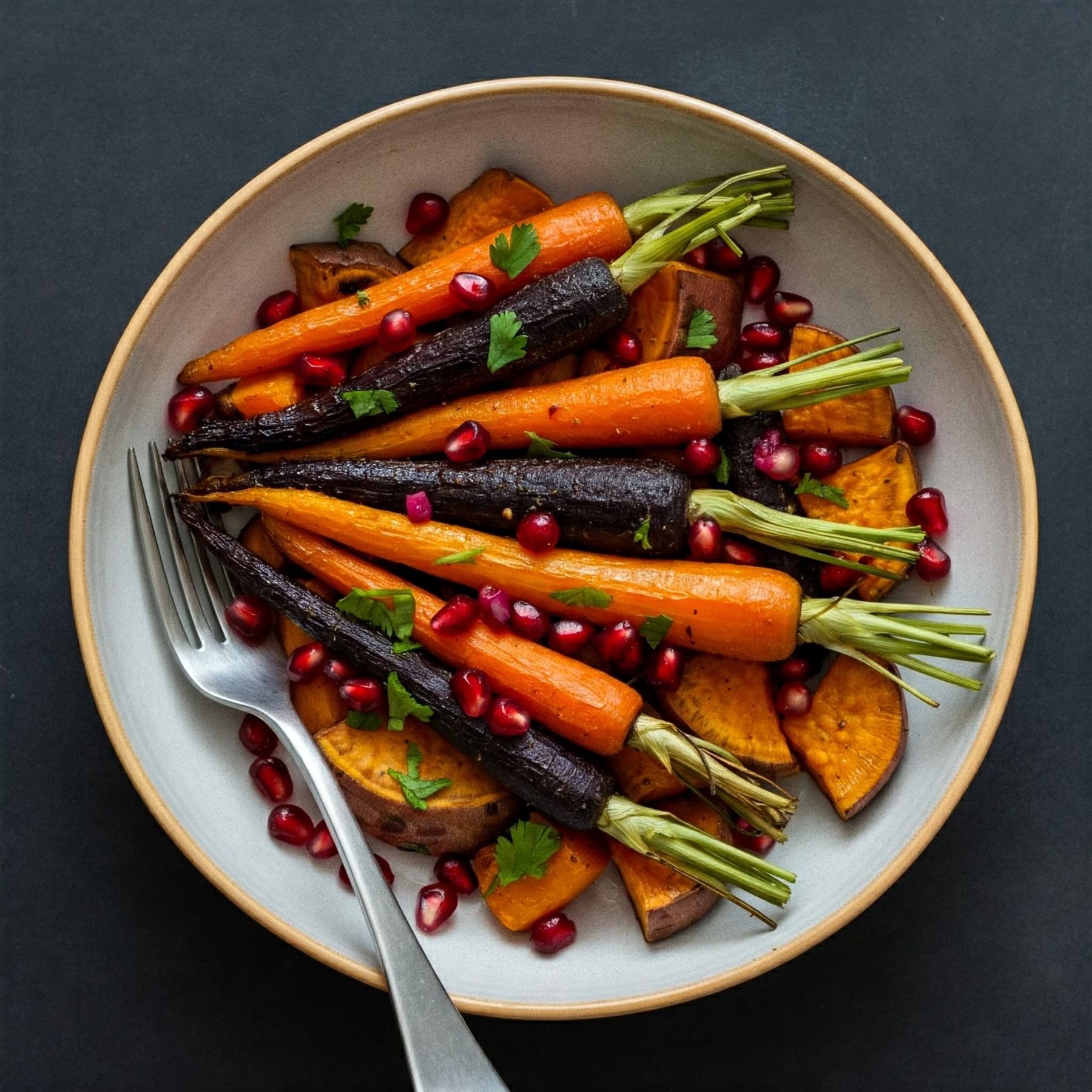 Roasted Rainbow Carrots with Sweet Potatoes and Pomegranate recipe - delicious easy difficulty in Healthy Meals, Vegetables category