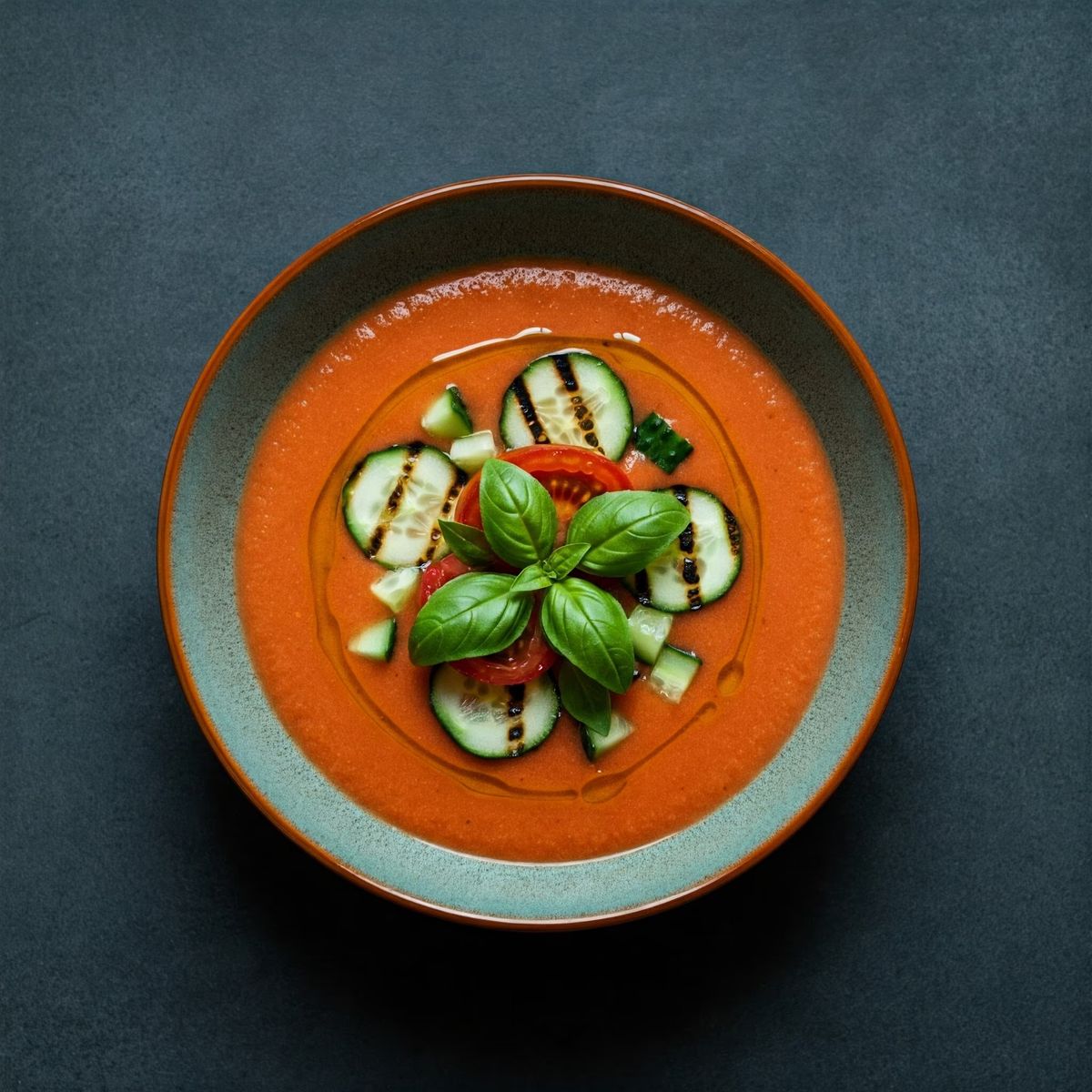 Grilled Tomato Gazpacho with Cucumber and Basil recipe - Spanish easy difficulty dish