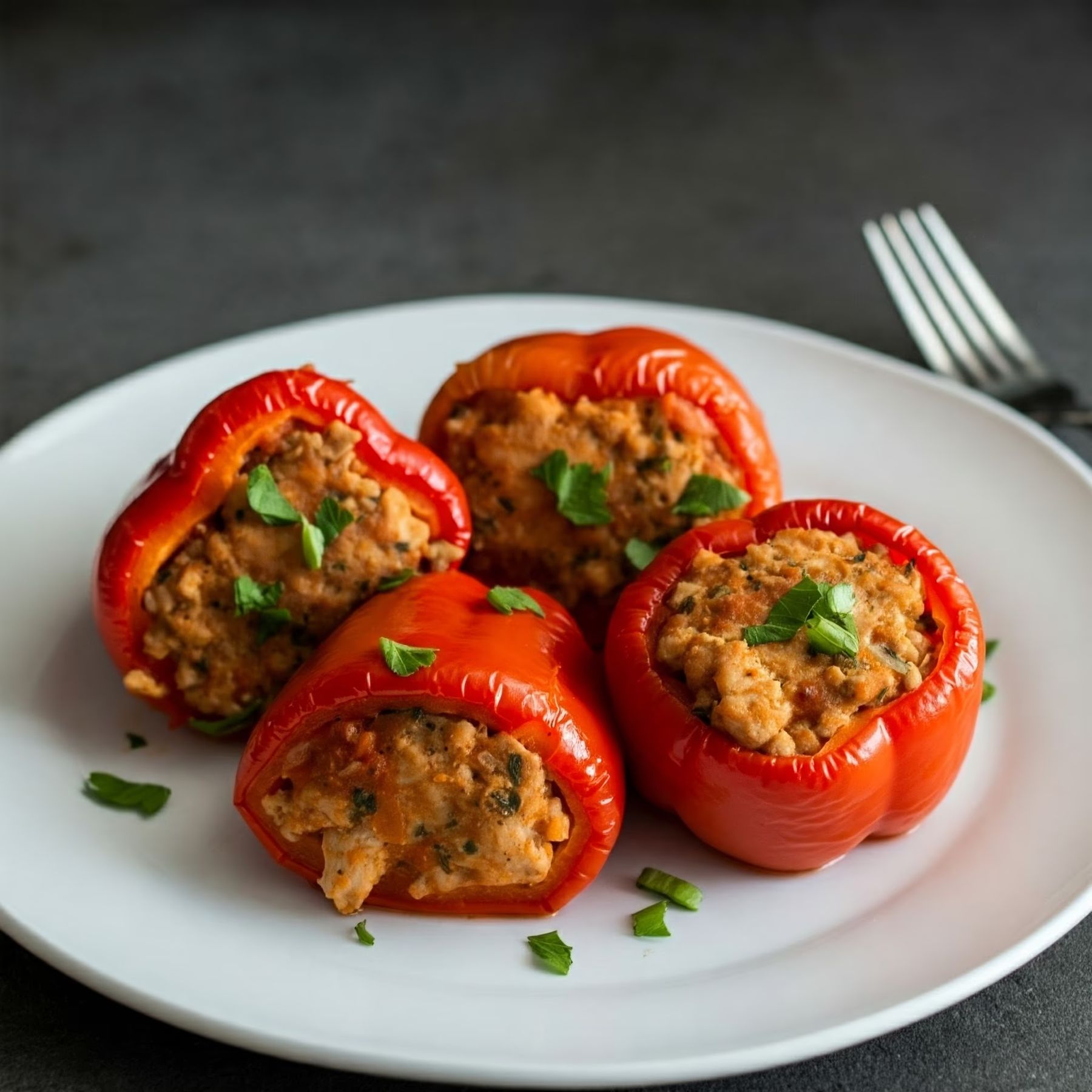 Stuffed Red Bell Peppers with Ground Chicken recipe - American easy difficulty in Main Dishes, Chicken, Vegetables category