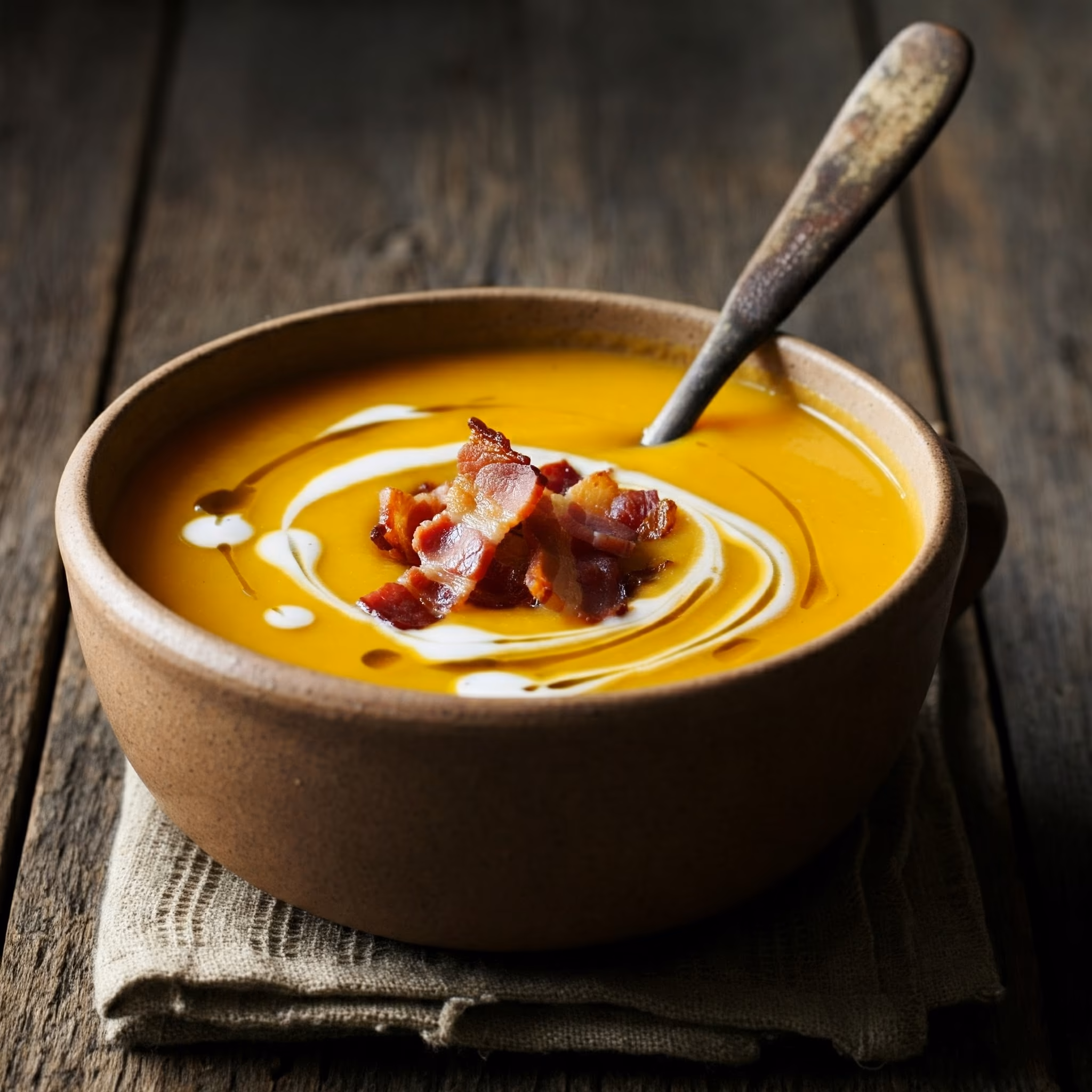 Butternut Squash Soup with Crisp Pancetta recipe - American easy difficulty in Soups, Lunch category