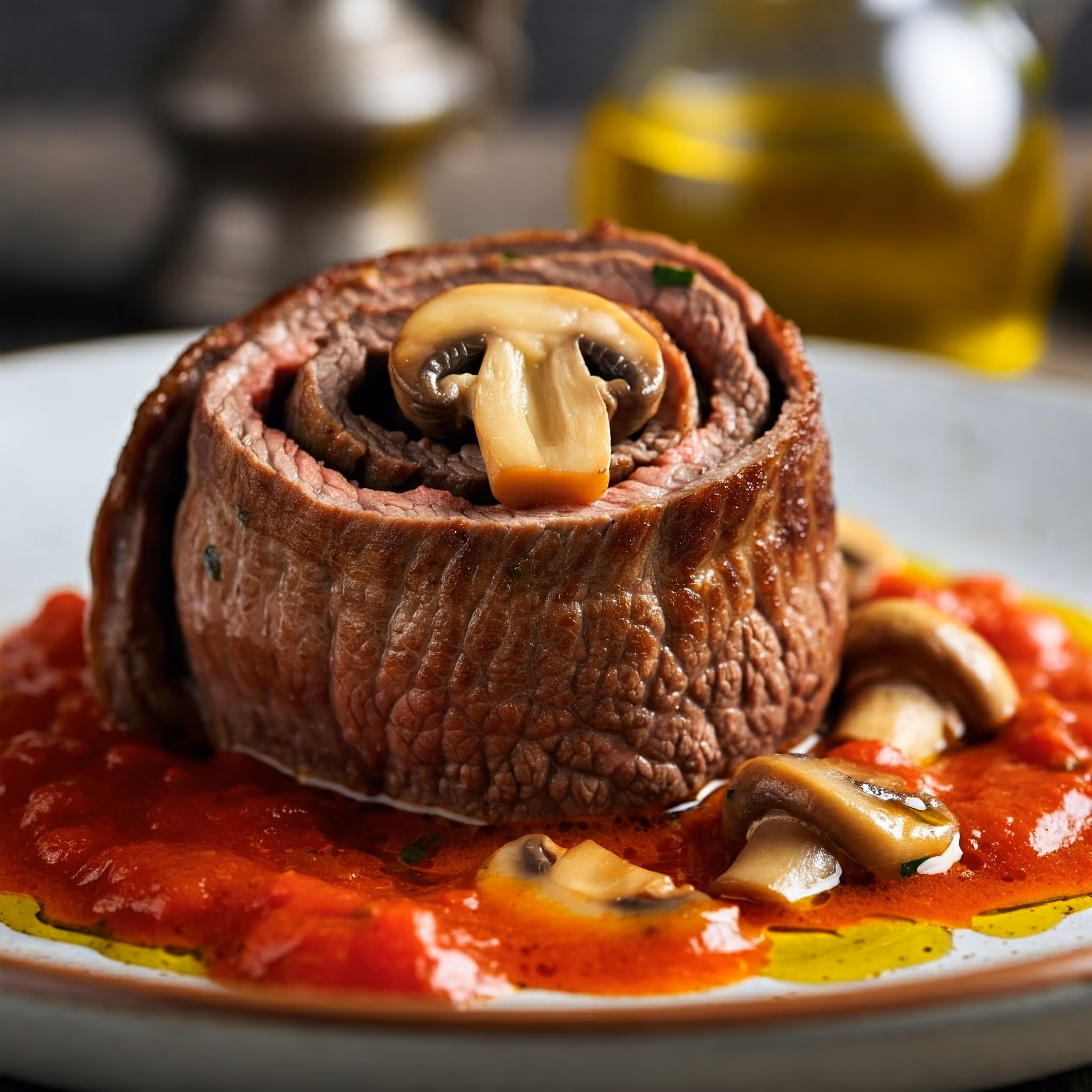 Flank Steak Roll with Mushrooms and Tomato Gravy recipe - delicious hard difficulty in Main Dishes, Family-Style Meals, Beef category