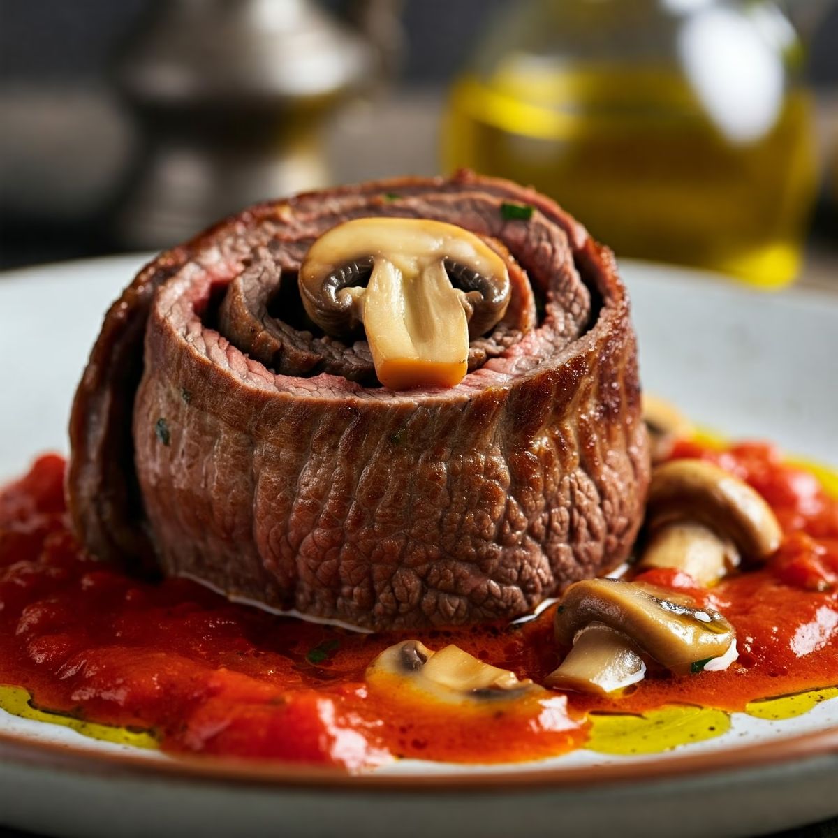 Flank Steak Roll with Mushrooms and Tomato Gravy recipe - American hard difficulty dish
