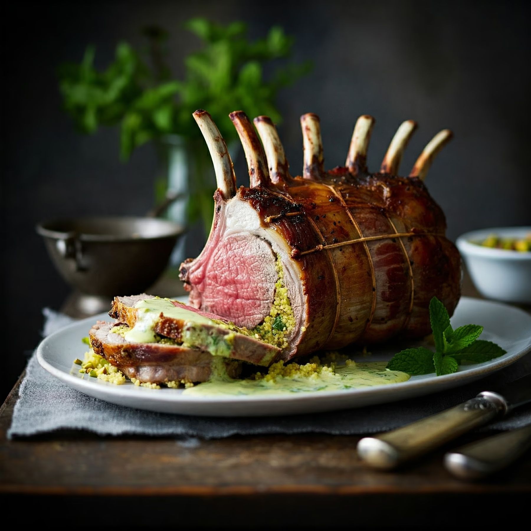 Crown Roast of Lamb with Couscous Stuffing and Pistachio-Mint Sa recipe - American medium difficulty in Main Dishes, Lamb, Roasts category