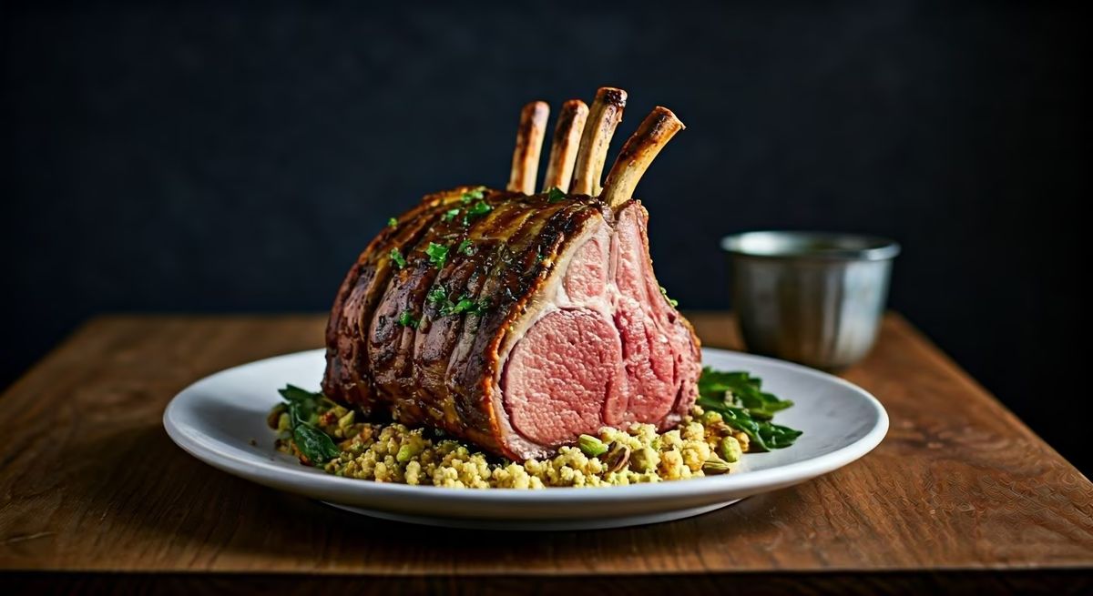 Crown Roast of Lamb with Couscous Stuffing and Pistachio Mint Sauce recipe - Mediterranean medium difficulty dish