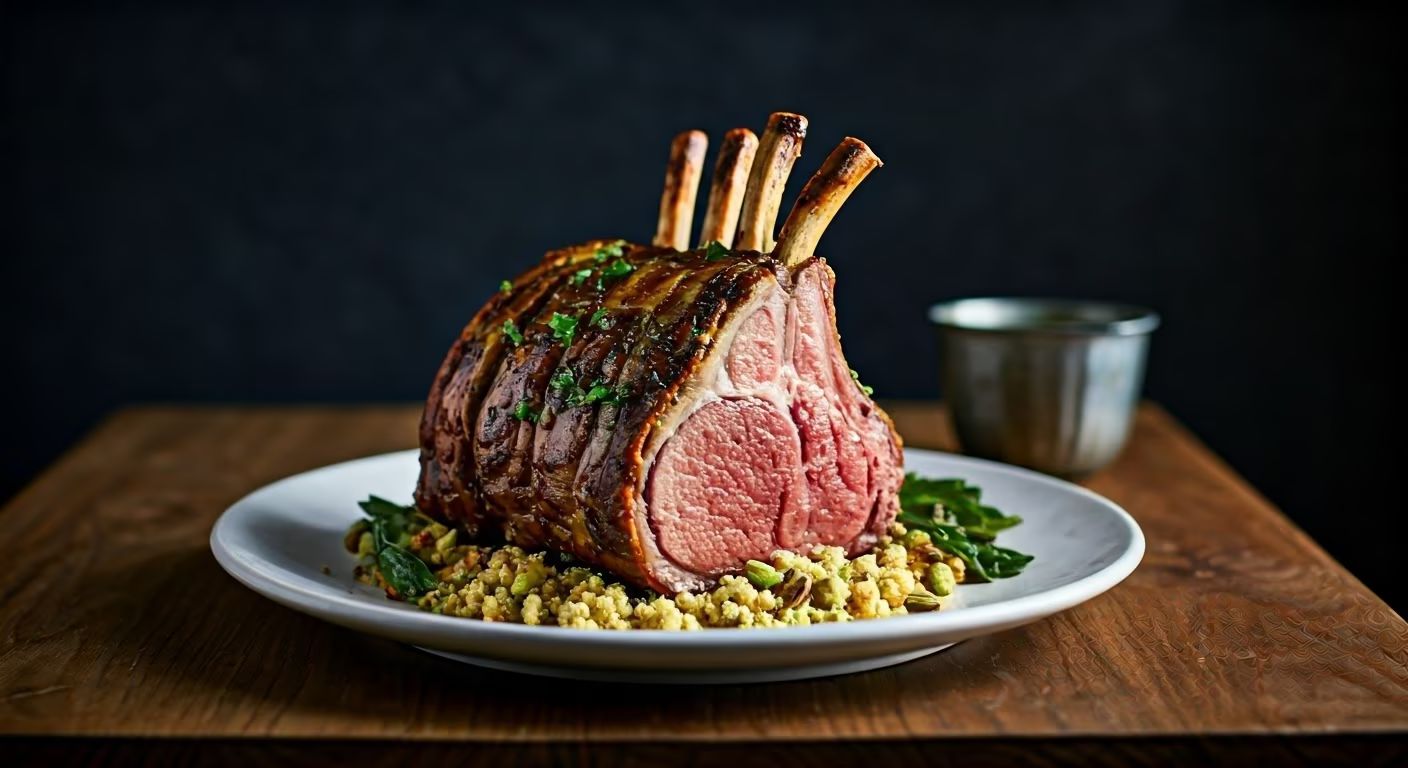 Crown Roast of Lamb with Couscous Stuffing and Pistachio Mint Sauce recipe - delicious medium difficulty in Slow-Roasted category