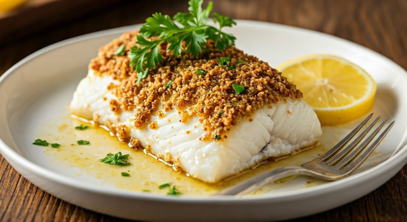 Herb-Crusted Baked Cod with Lemon Butter Sauce recipe - delicious medium difficulty in Seafood category