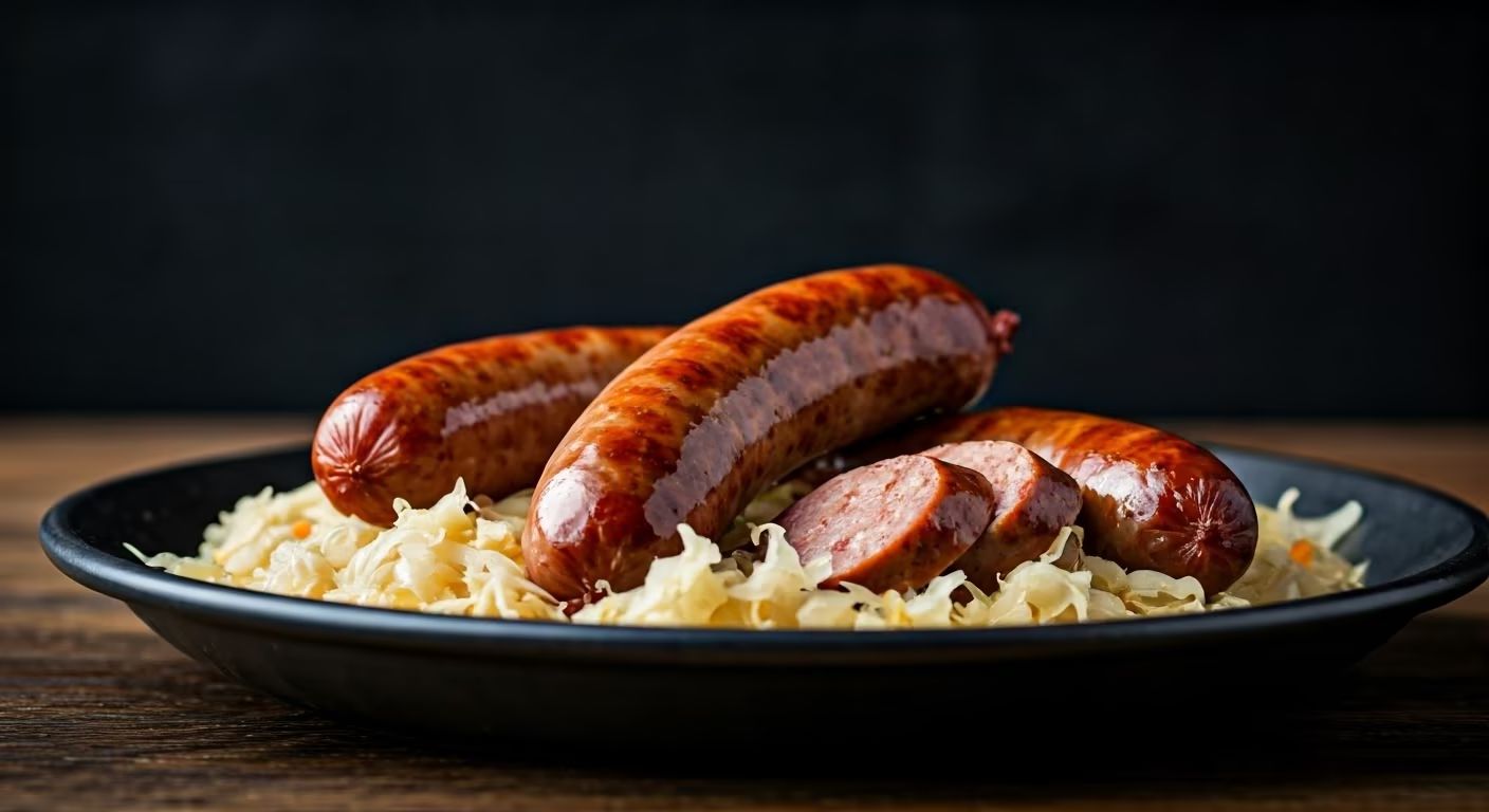 Beer-Brined Brats with Tangy Sauerkraut recipe - German medium difficulty in Comfort Food category