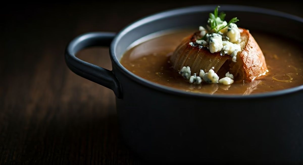 Caramelized Onion and Bread Soup with Brûléed Blue Cheese recipe - Other medium difficulty dish