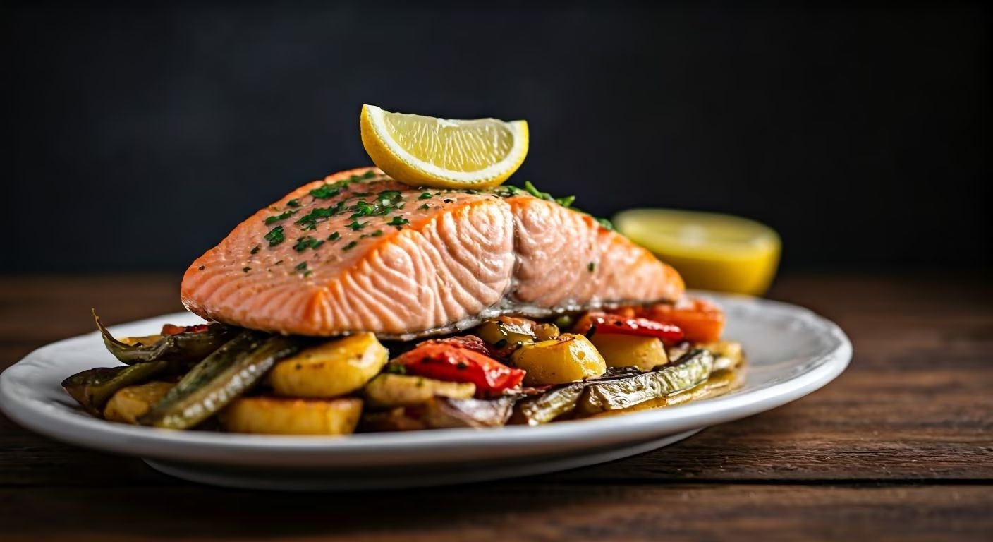 Citrus Herb Baked Salmon with Roasted Vegetables recipe - delicious medium difficulty in Seafood category