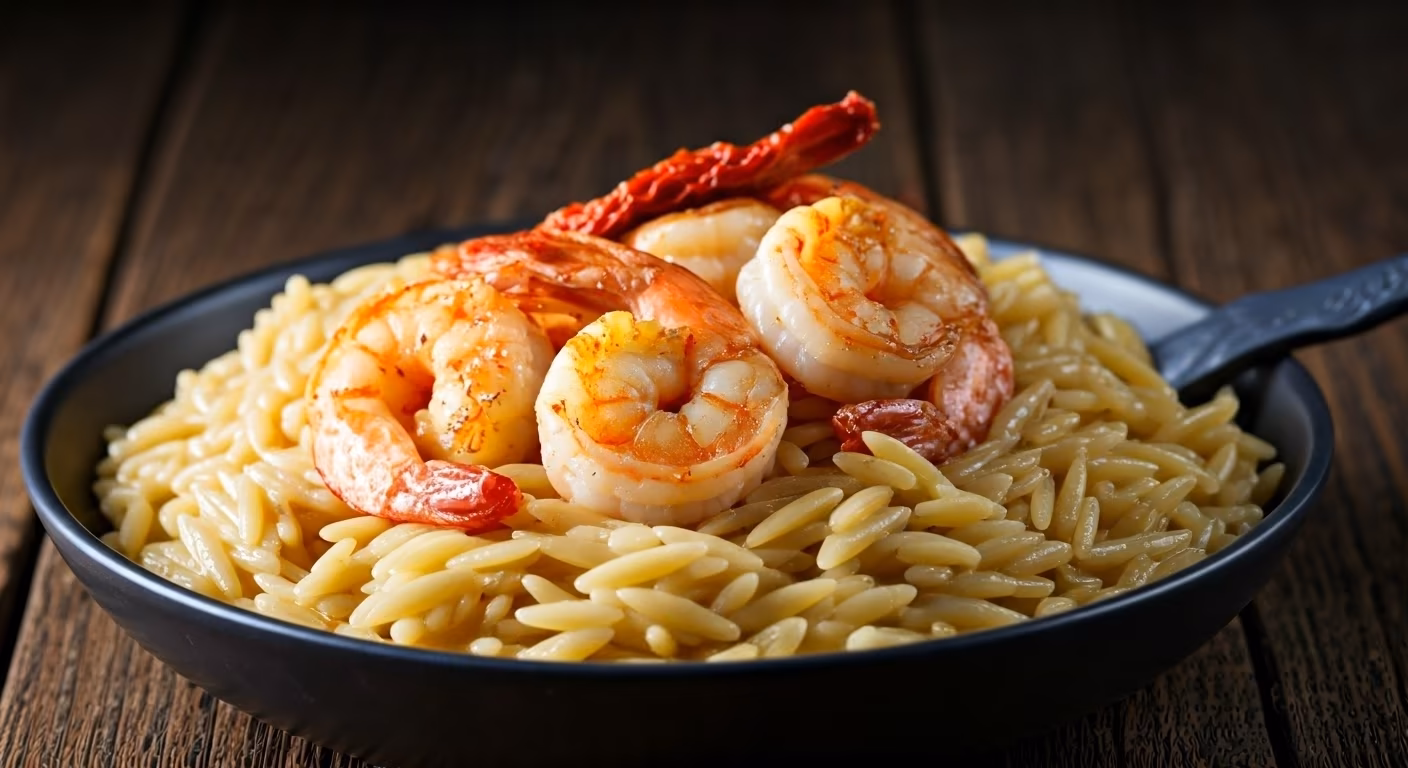 Sun-dried Tomato Orzo with Garlic Butter Shrimp recipe - delicious medium difficulty in Pasta, Seafood category