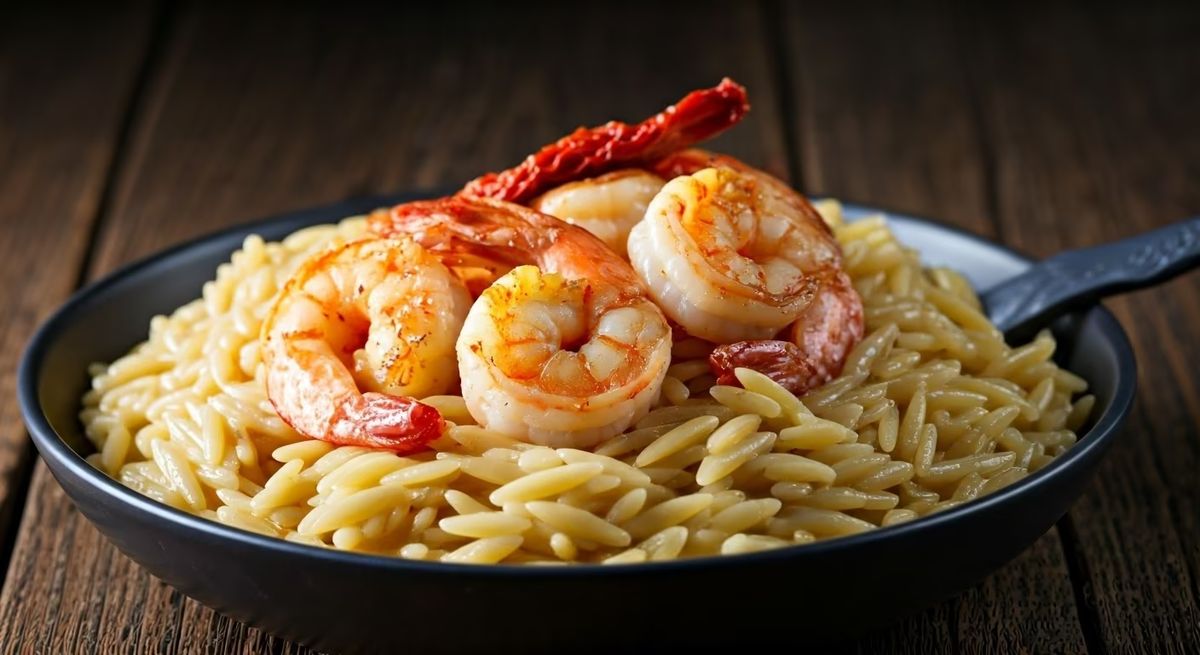 Sun-dried Tomato Orzo with Garlic Butter Shrimp recipe - Mediterranean medium difficulty dish