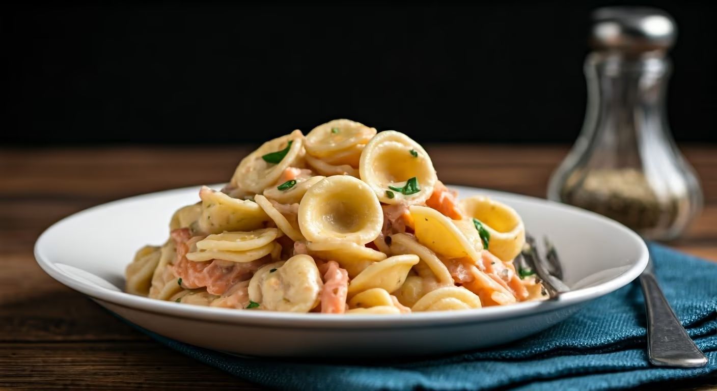 Creamy Orecchiette with Canned Salmon recipe - delicious medium difficulty in Pasta, Seafood category