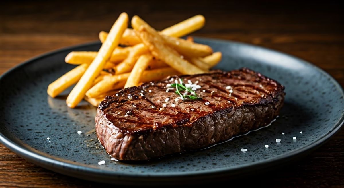 Sizzling New York Strip Steak with Parmesan Truffle Fries recipe - American medium difficulty dish