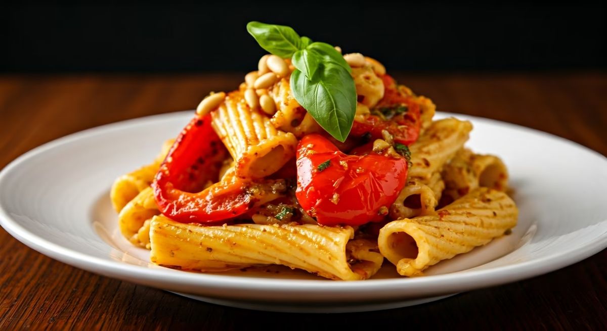 Tortiglioni with Roasted Red Pepper Pesto recipe - Italian easy difficulty dish