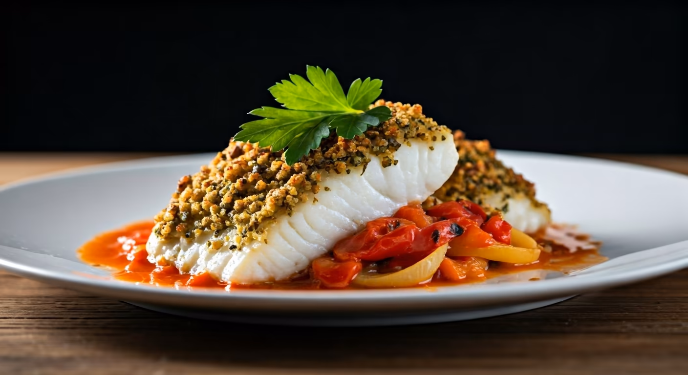 Herb-Crusted Baked Fish with Roasted Red Pepper Sauce recipe - Mediterranean medium difficulty in Sauces & Condiments, Seafood category