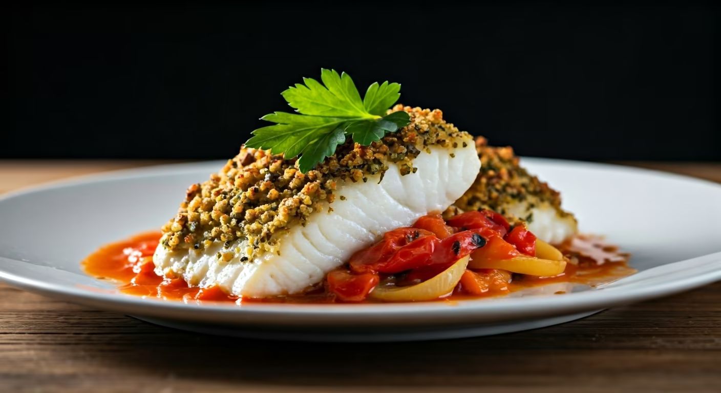 Herb-Crusted Baked Fish with Roasted Red Pepper Sauce recipe - delicious medium difficulty in Sauces & Condiments, Seafood category