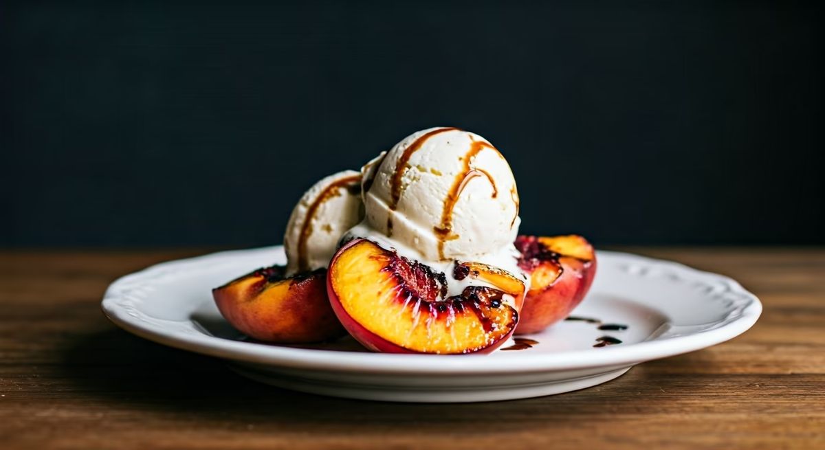 Grilled Peaches with Buttermilk Ice Cream & Balsamic Glaze recipe - American easy difficulty dish