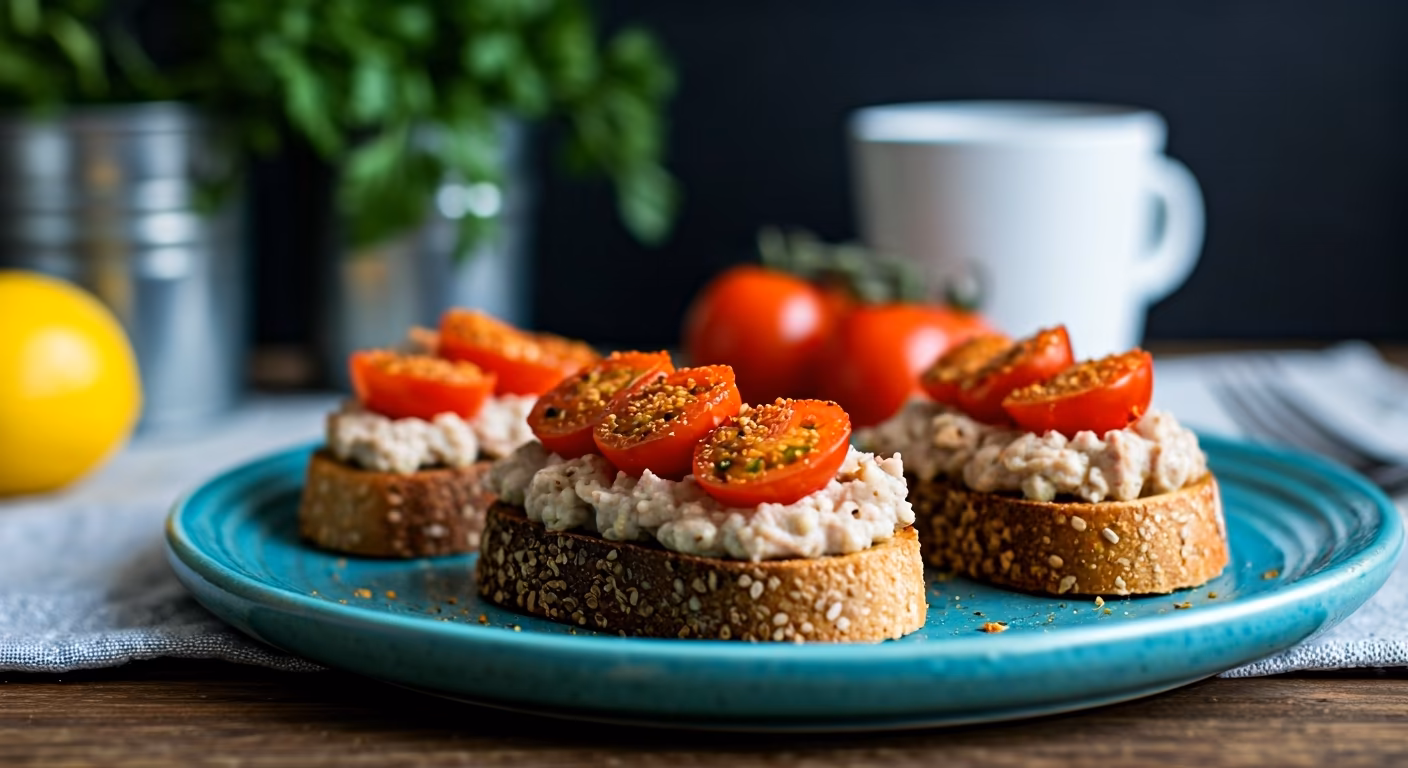 Tuna Toasts With Spice-Dusted Tomatoes recipe - Mediterranean easy difficulty in Appetizers, Seafood, Air Fryer category