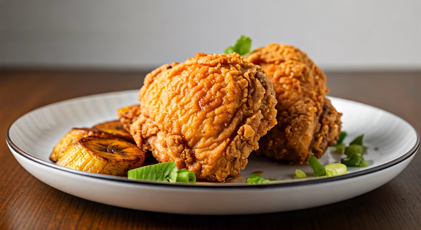Coconut Fried Chicken with Sweet Hot Sauce and Plantains recipe - Caribbean medium difficulty in Chicken, Fried Foods, Main Course category