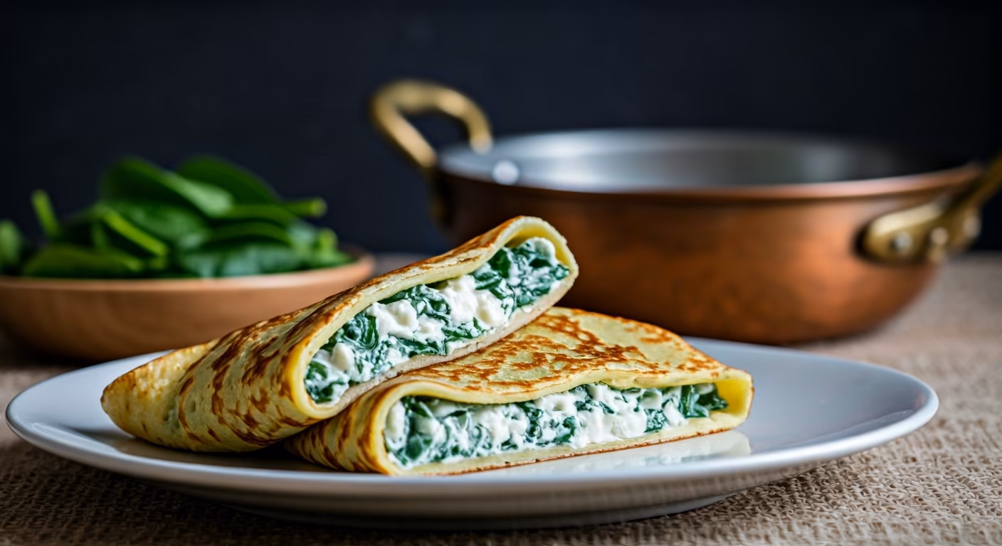 Savory Spinach and Cheese Crepes recipe - French medium difficulty in Vegetarian, Brunch, Breakfast category