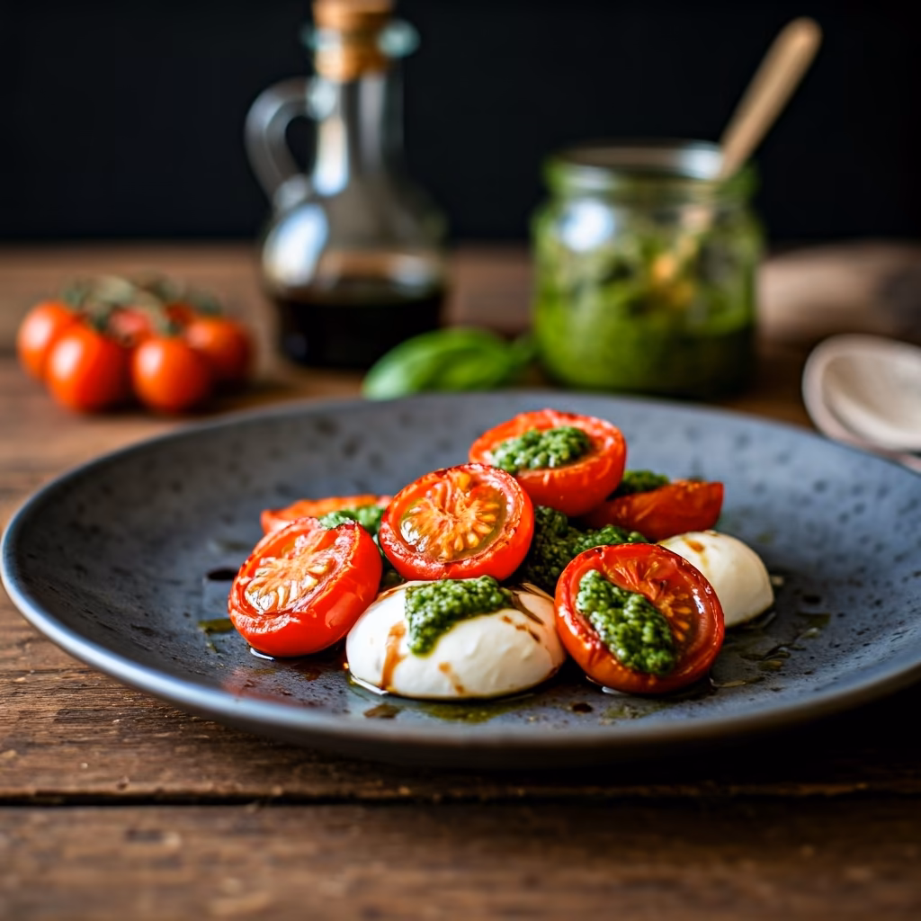 Caprese Salad with Roasted Tomatoes and Basil Pesto recipe - delicious medium difficulty in Salads, Appetizers category