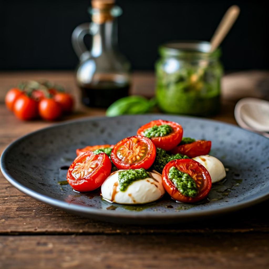 Caprese Salad with Roasted Tomatoes and Basil Pesto recipe - Italian medium difficulty dish