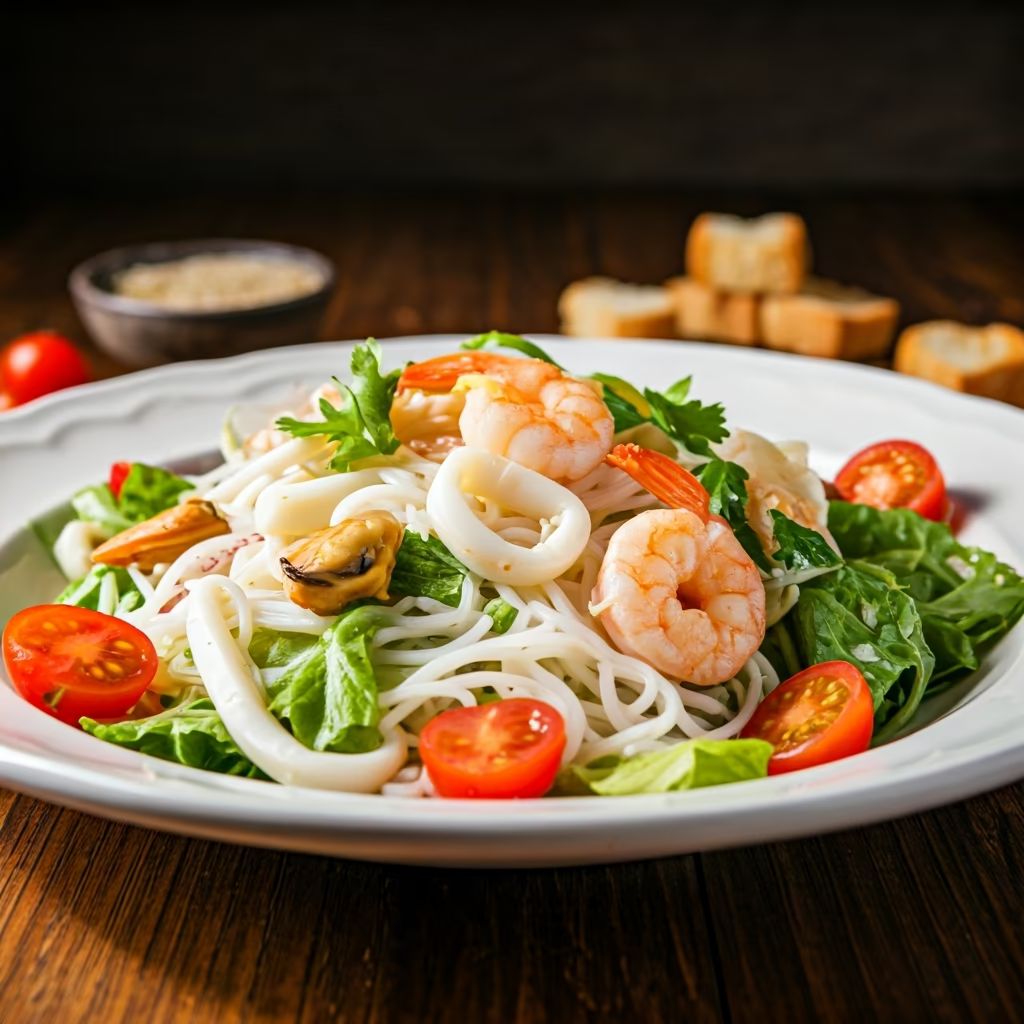 Seafood Salad Delight with Fresh Herbs and Noodles recipe - Asian Fusion medium difficulty in Salads, Healthy Meals, Seafood category