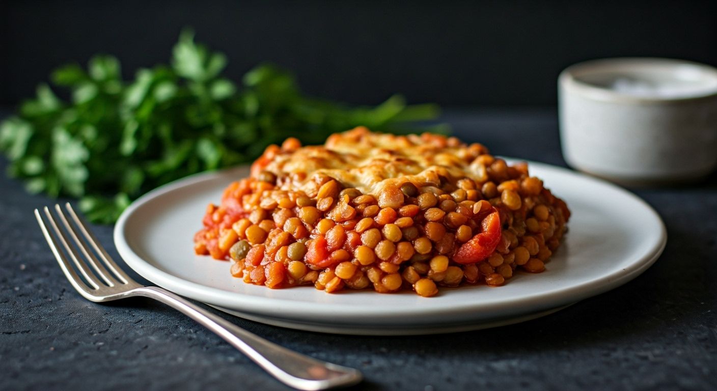Vegan Tomato & Lentil Casserole recipe - Mediterranean medium difficulty in Vegan, Casseroles, Main Course category