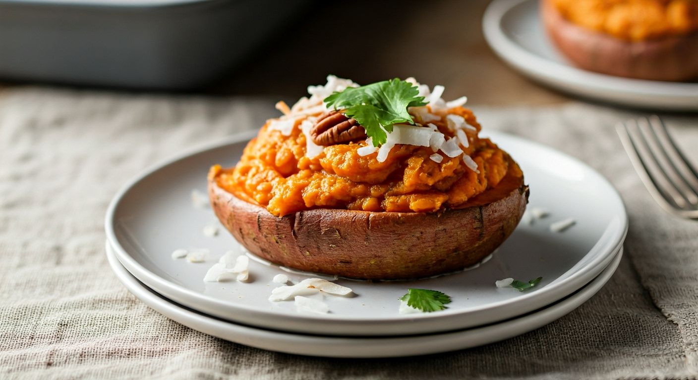 Autumn Harvest Twice-Baked Sweet Potatoes with Maple Pecan Crunch recipe - American comfort medium difficulty in Vegetarian, Side Dishes, Comfort Food category