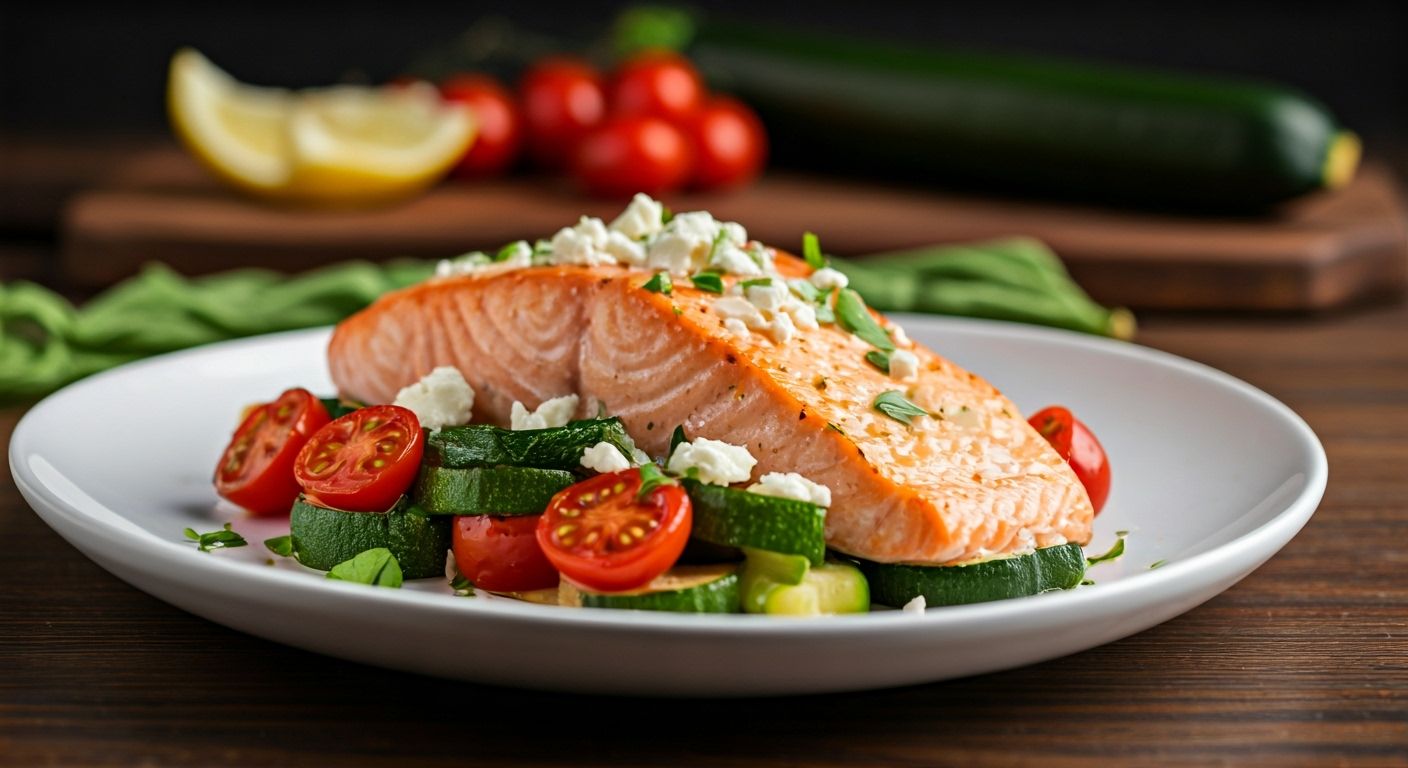 Mediterranean Harmony: Baked Salmon with Garden Jewel Vegetables and Feta recipe - Mediterranean medium difficulty in Healthy Meals, Main Course category